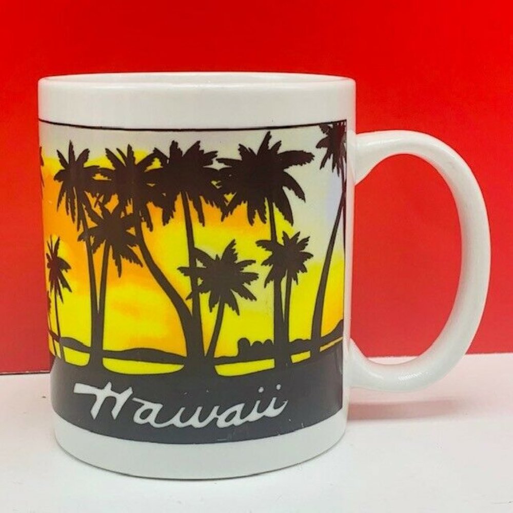 Hawaii coffee mug cup hula tiki bar sunset palm
